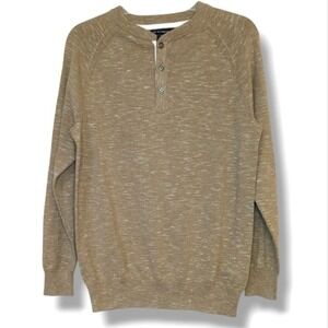 Men's Henley Sweater Tan Heathered Knit Long Sleeve Casual Menswear